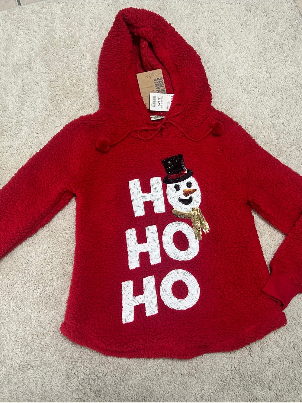 Red Sherpa 'HO HO HO' Sequin Snowman Hoodie